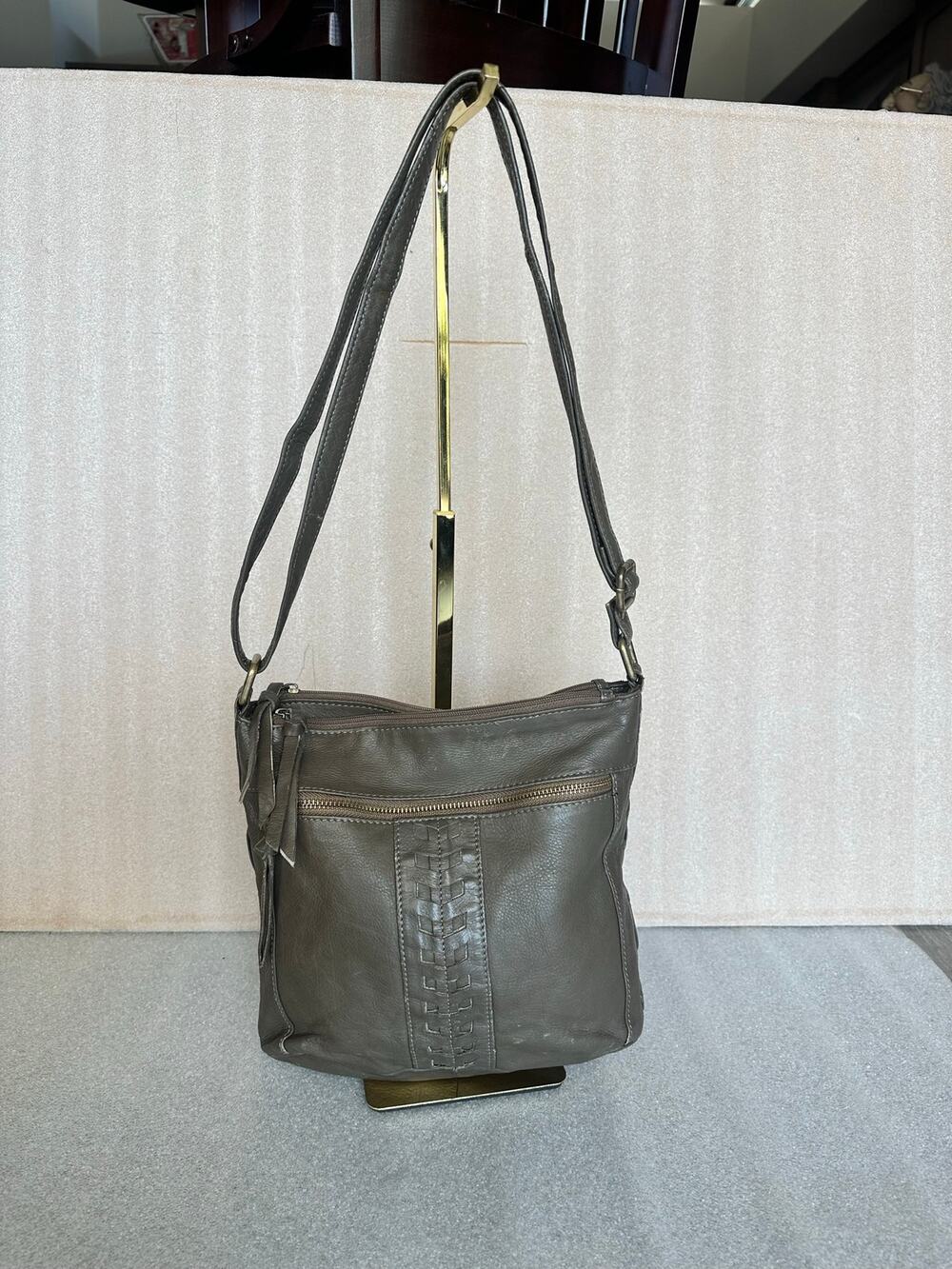 Great American Leather Works Gray Leather Crossbody Shoulder Bag Woven Detail